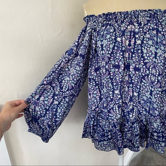 Rebecca Taylor Indigo Combo Floral Paisley-Print Silk Off the Shoulder Blouse 2 - Picture 5 of 11
